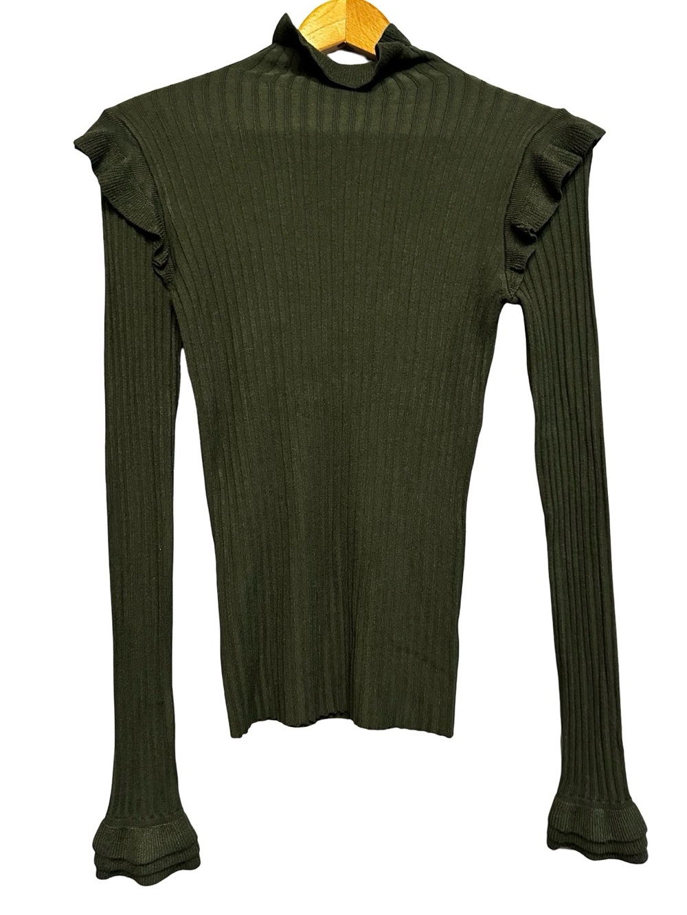 Marie Oliver Green Tinley Rib-Knit Fitted Turtleneck XS Ruffle Preppy Chic